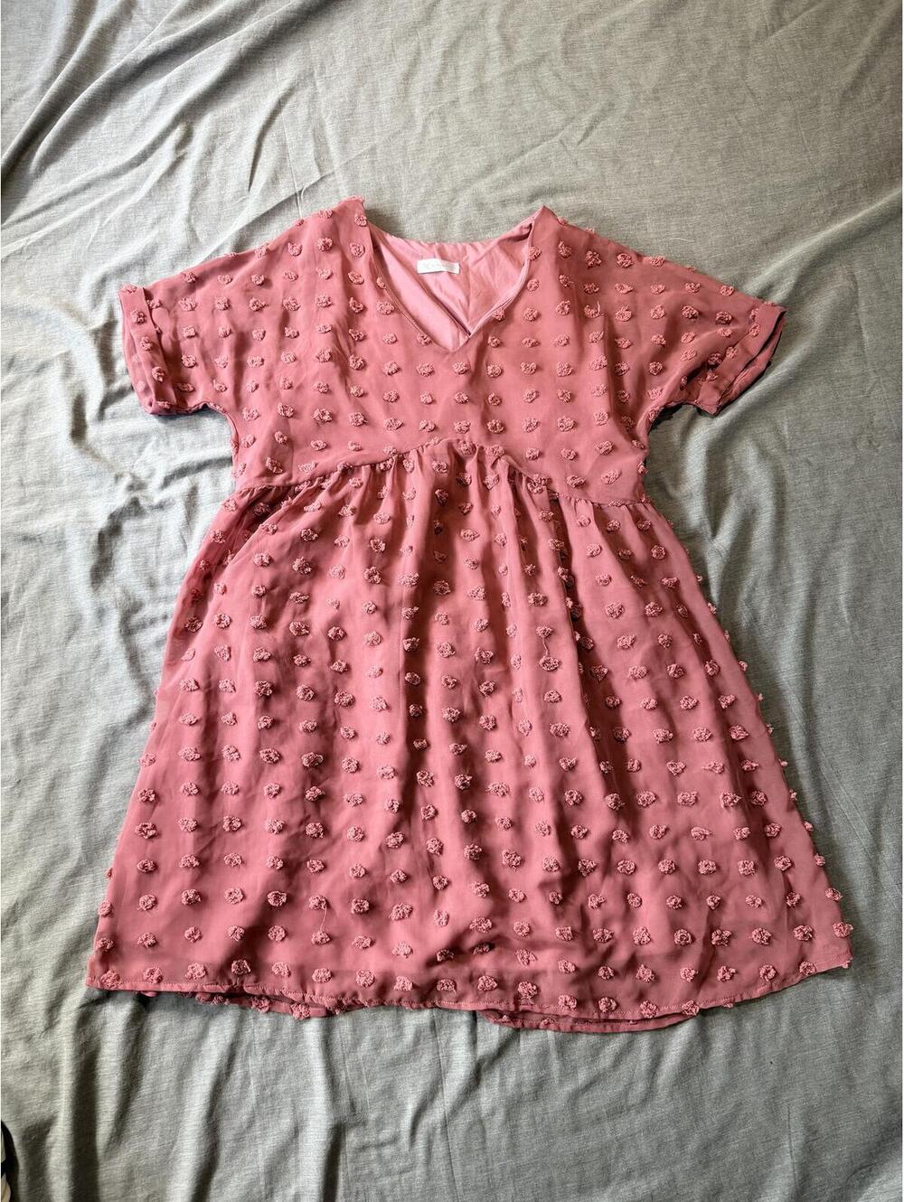 KIRUNDO Women's Size Large Pink Swiss Dot Babydoll Dress Sheer Lined Primrose